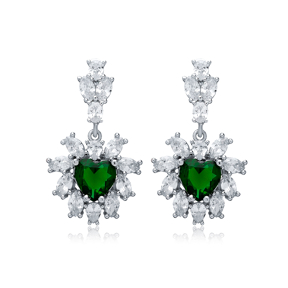 Flower Design Heart Emerald CZ Wholesale Silver Dangle Earrings