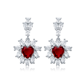 Flower Design Heart Garnet CZ Wholesale Silver Dangle Earrings