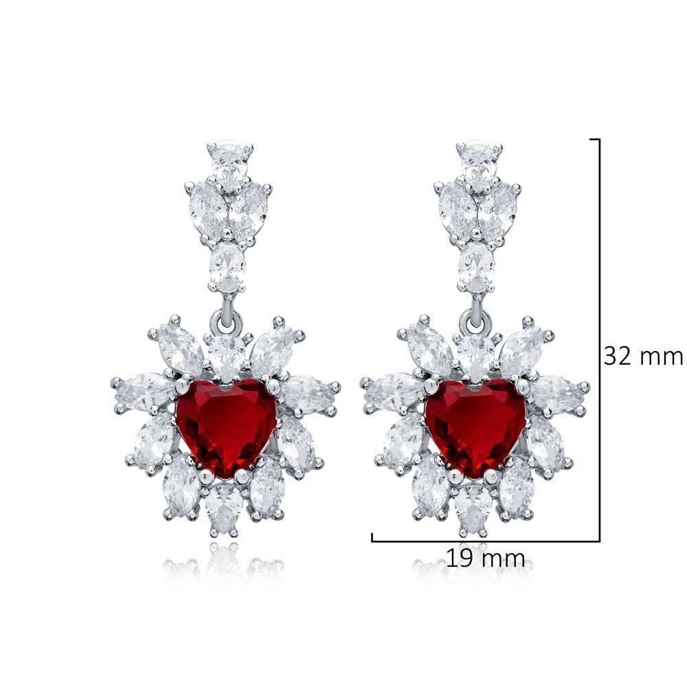 Flower Design Heart Garnet CZ Wholesale Silver Dangle Earrings