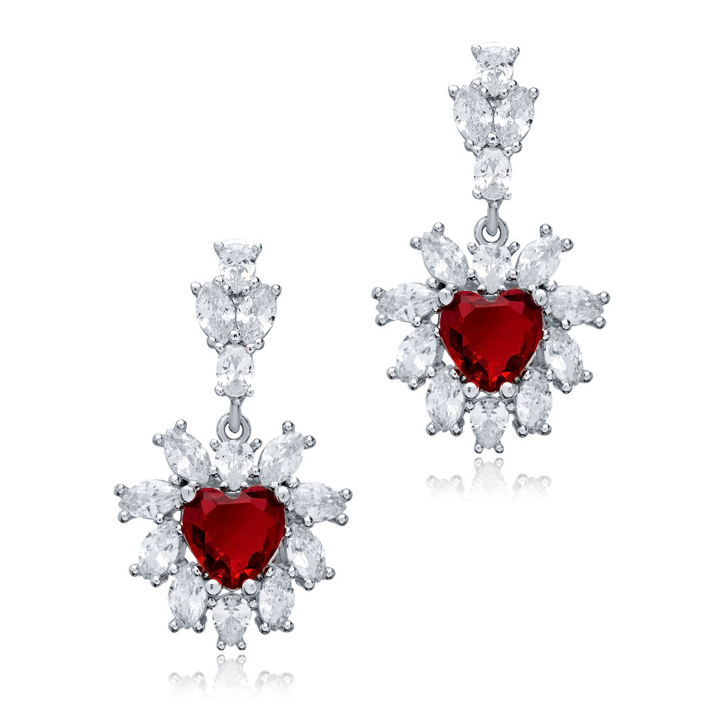 Flower Design Heart Garnet CZ Wholesale Silver Cluster Earrings