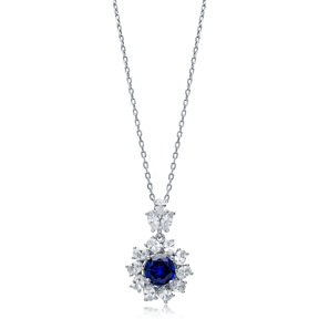 Flower Round Sapphire CZ Wholesale 925 Silver Charm Necklace