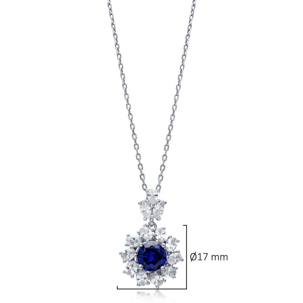 Flower Round Sapphire CZ Wholesale 925 Silver Charm Necklace