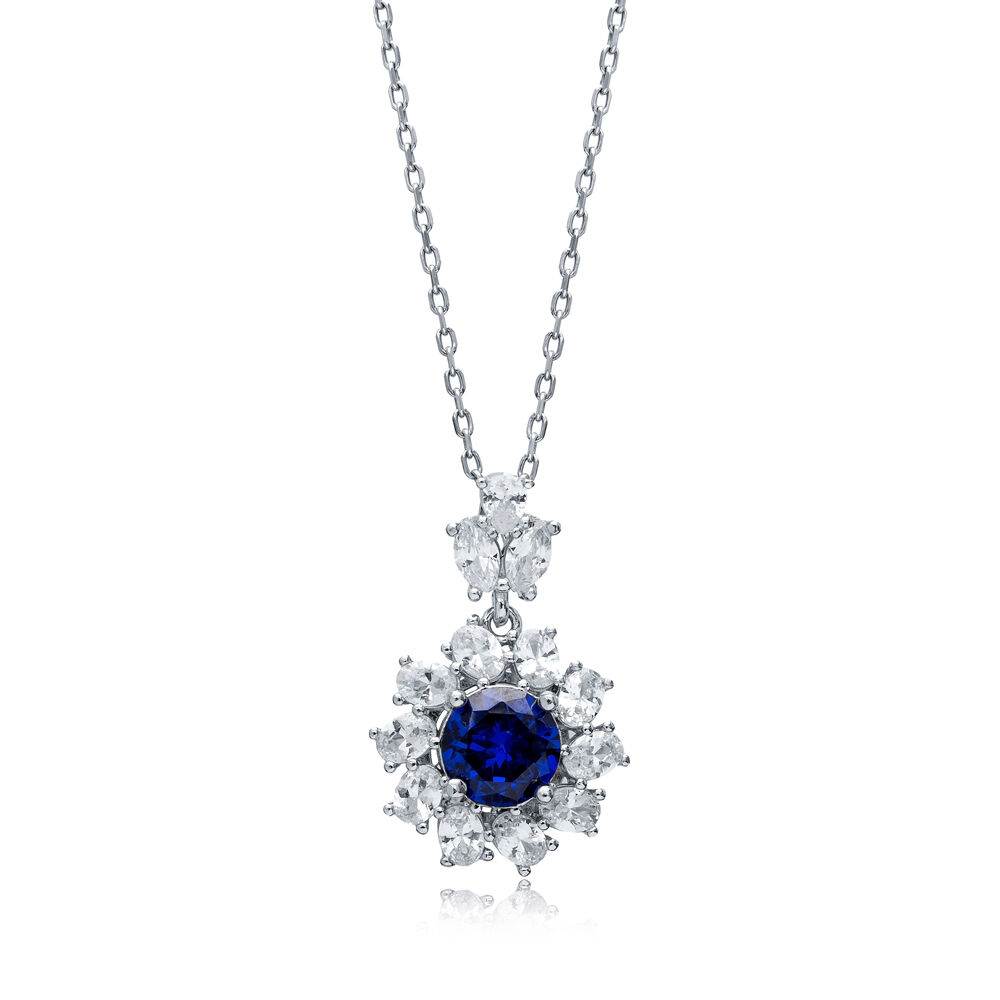 Flower Round Sapphire CZ Wholesale 925 Silver Charm Necklace