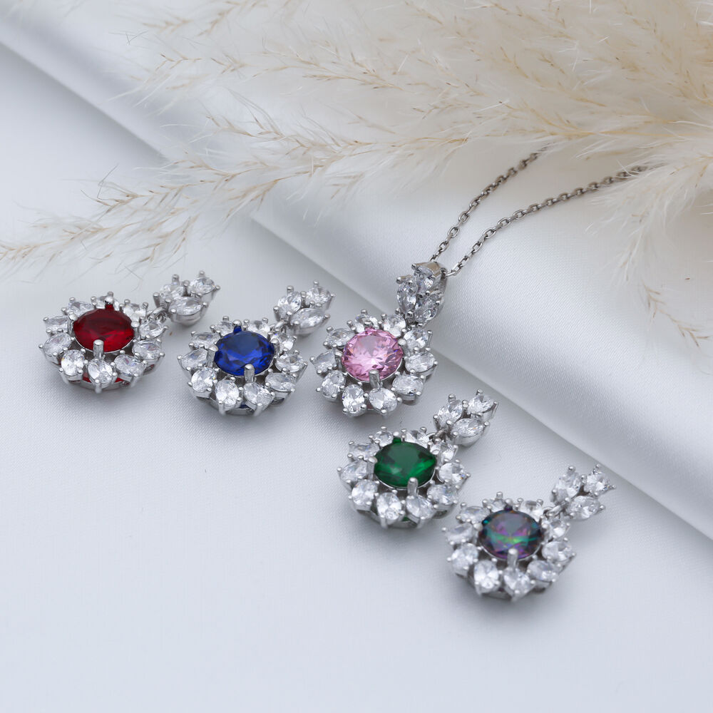 Flower Round Sapphire CZ Wholesale 925 Silver Charm Necklace