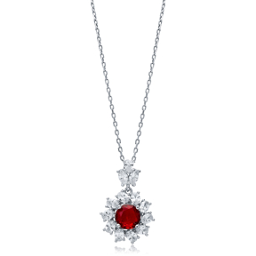 Flower Round Garnet CZ Wholesale 925 Silver Charm Necklace