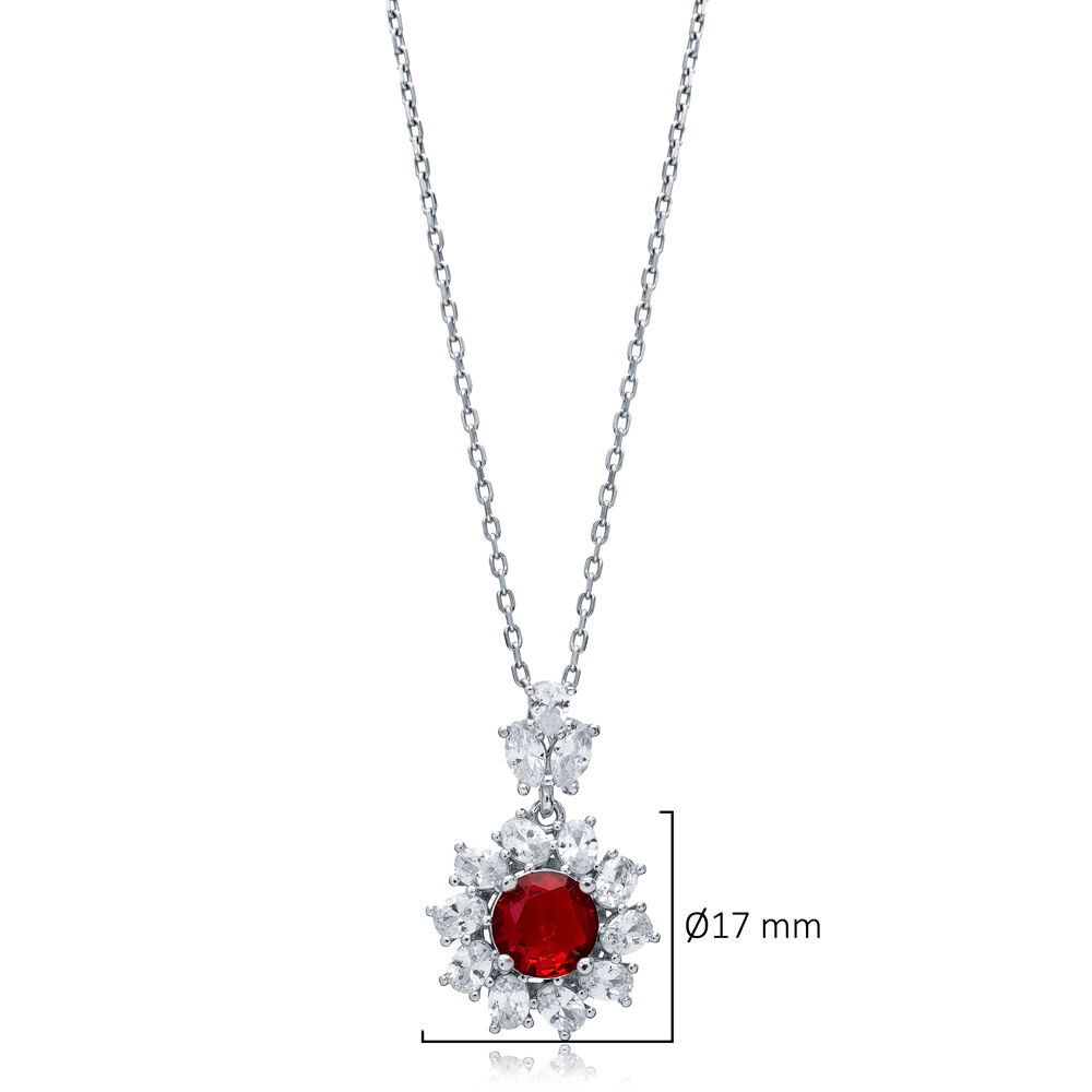 Flower Round Garnet CZ Wholesale 925 Silver Charm Necklace