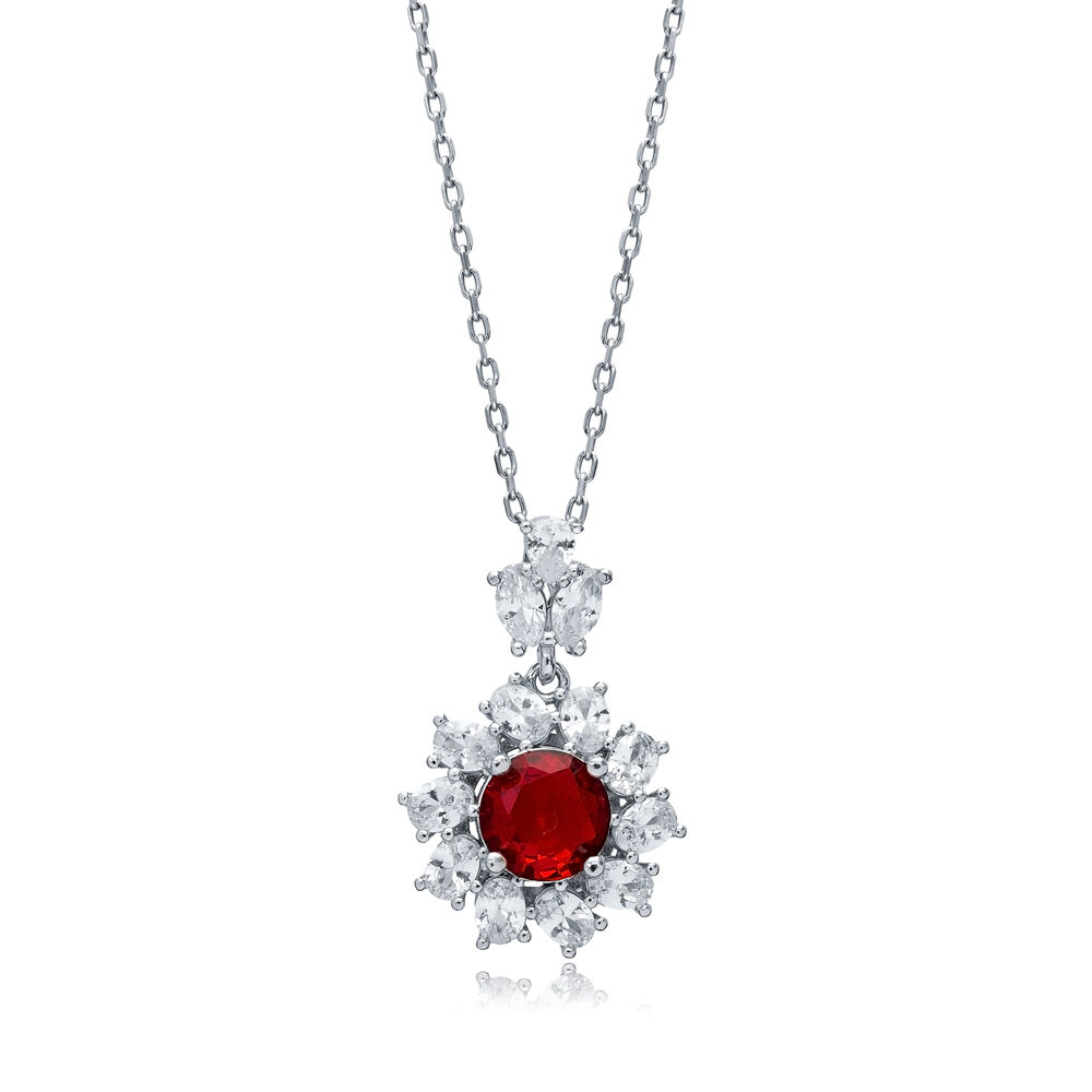 Flower Round Garnet CZ Wholesale 925 Silver Charm Necklace