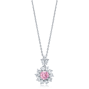 Flower Round Pink CZ Wholesale 925 Silver Charm Necklace