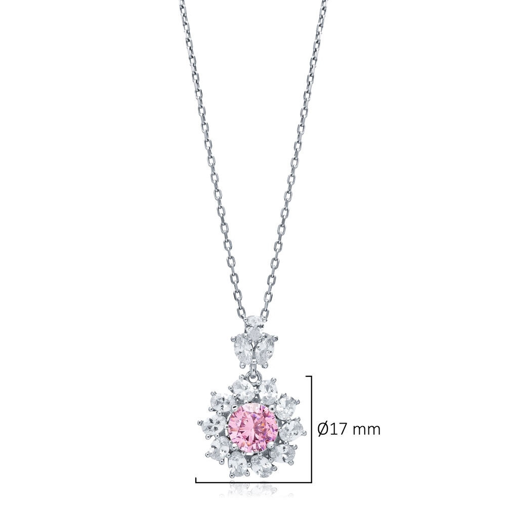 Flower Round Pink CZ Wholesale 925 Silver Charm Necklace