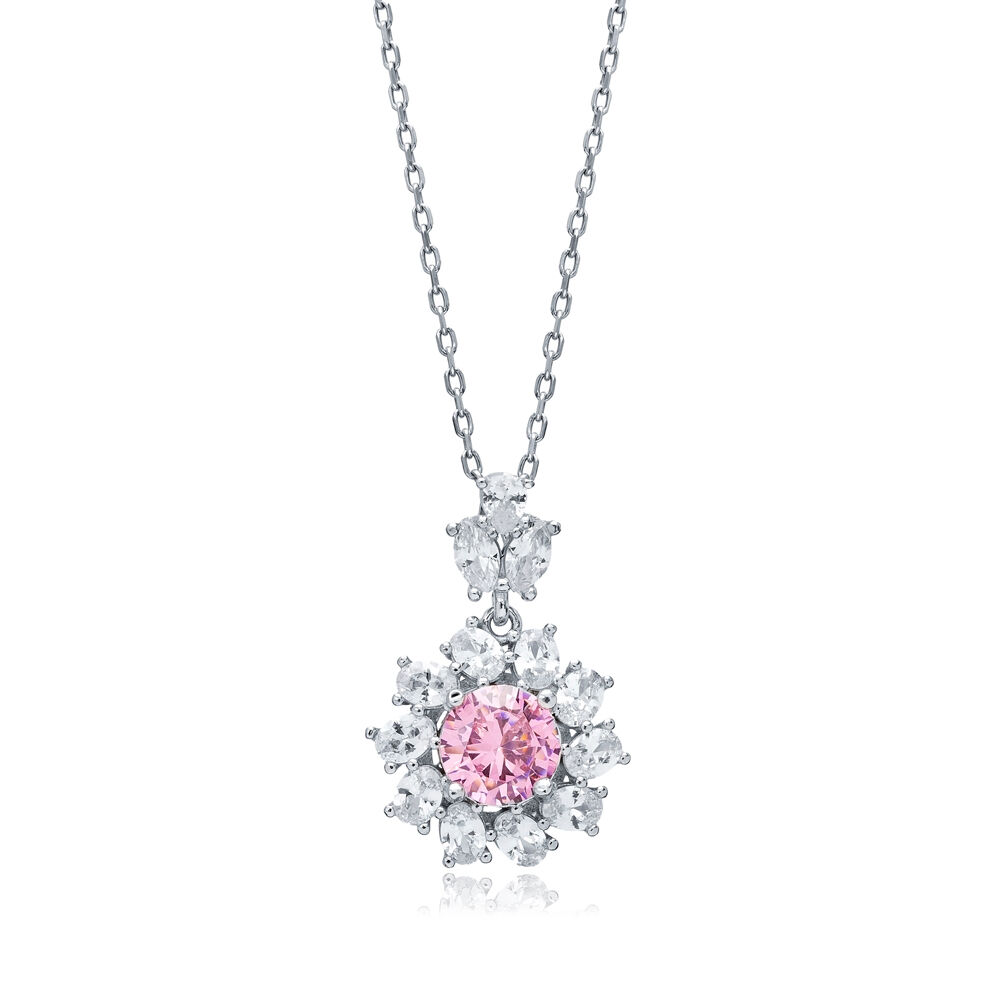 Flower Round Pink CZ Wholesale 925 Silver Charm Necklace