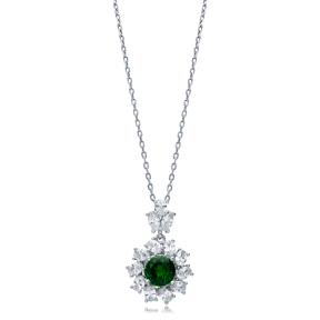 Flower Round Emerald CZ Wholesale 925 Silver Charm Necklace