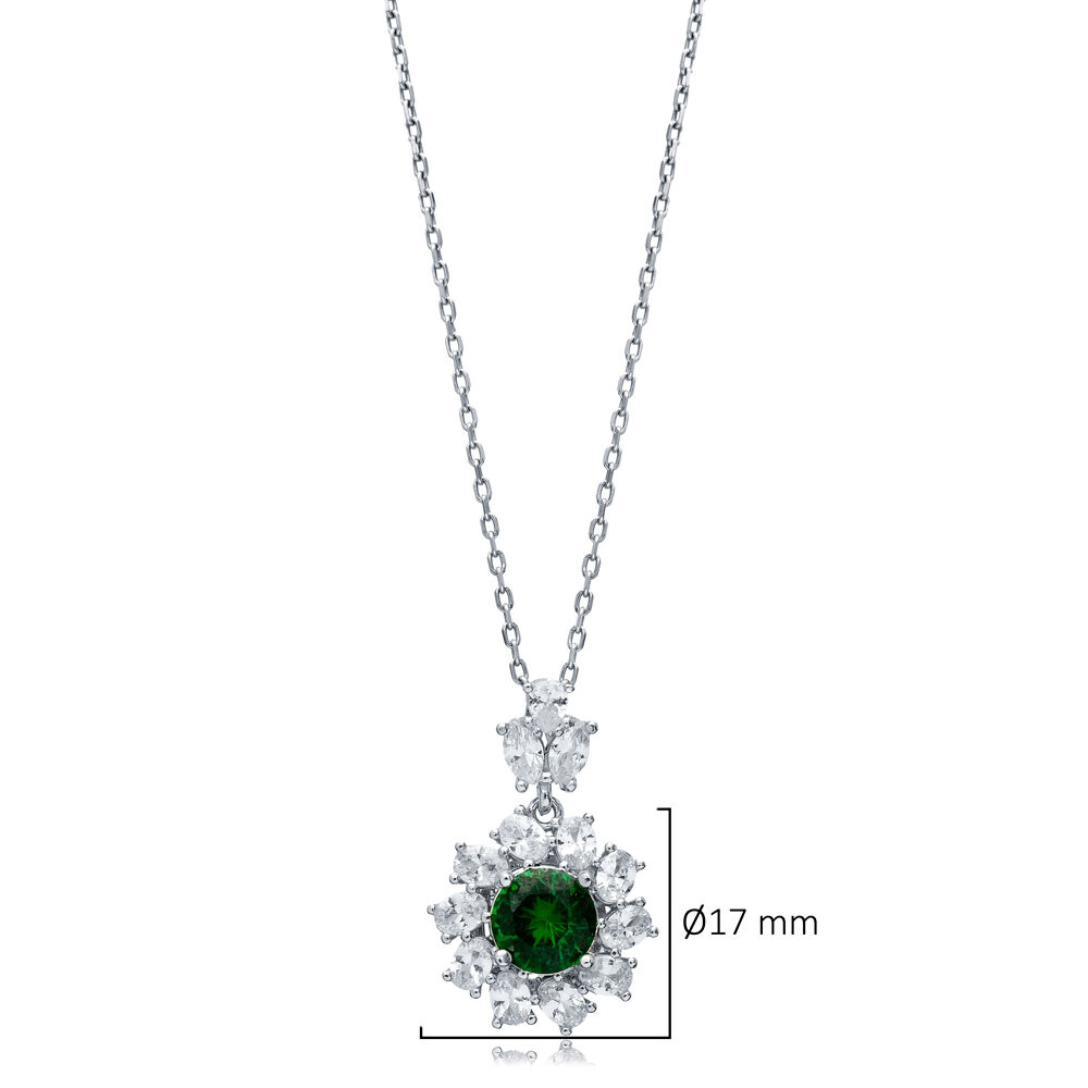 Flower Round Emerald CZ Wholesale 925 Silver Charm Necklace