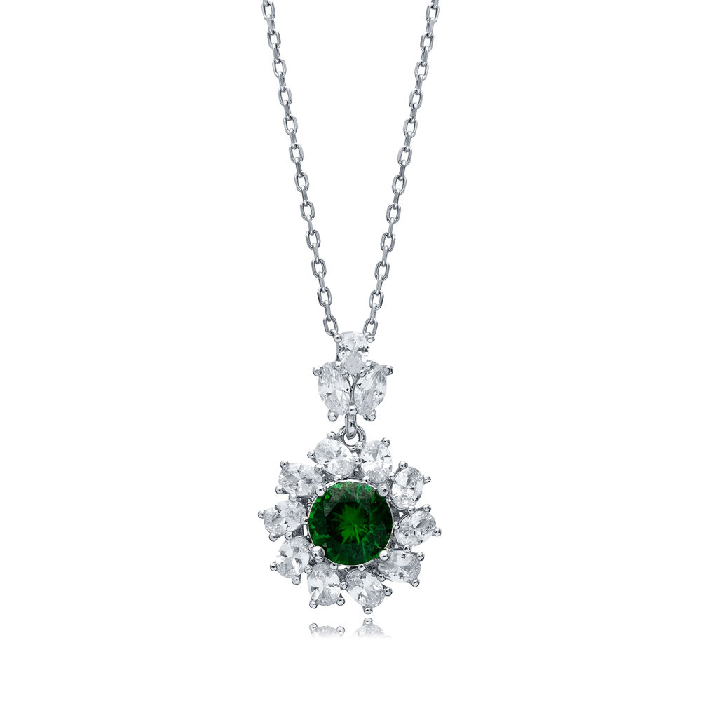 Flower Round Emerald CZ Wholesale 925 Silver Charm Necklace