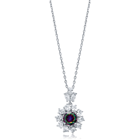 Flower Round Mystic Topaz CZ Wholesale 925 Silver Charm Necklace