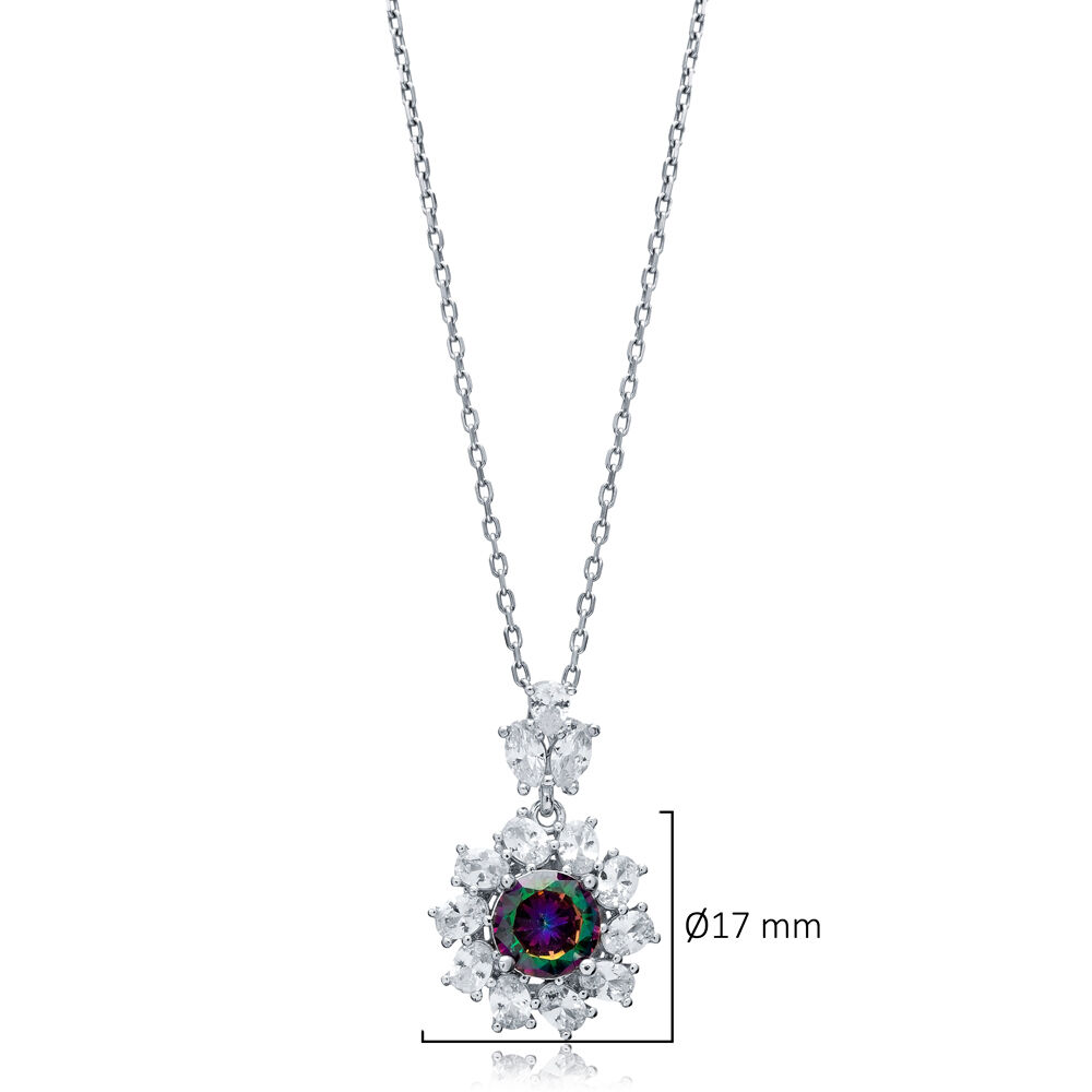 Flower Round Mystic Topaz CZ Wholesale 925 Silver Charm Necklace