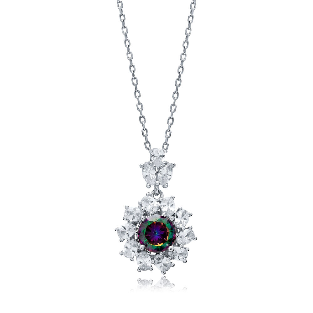 Flower Round Mystic Topaz CZ Wholesale 925 Silver Charm Necklace