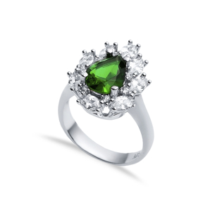 Emerald CZ Stone Pear Drop Shape Silver Cluster Stony Ring