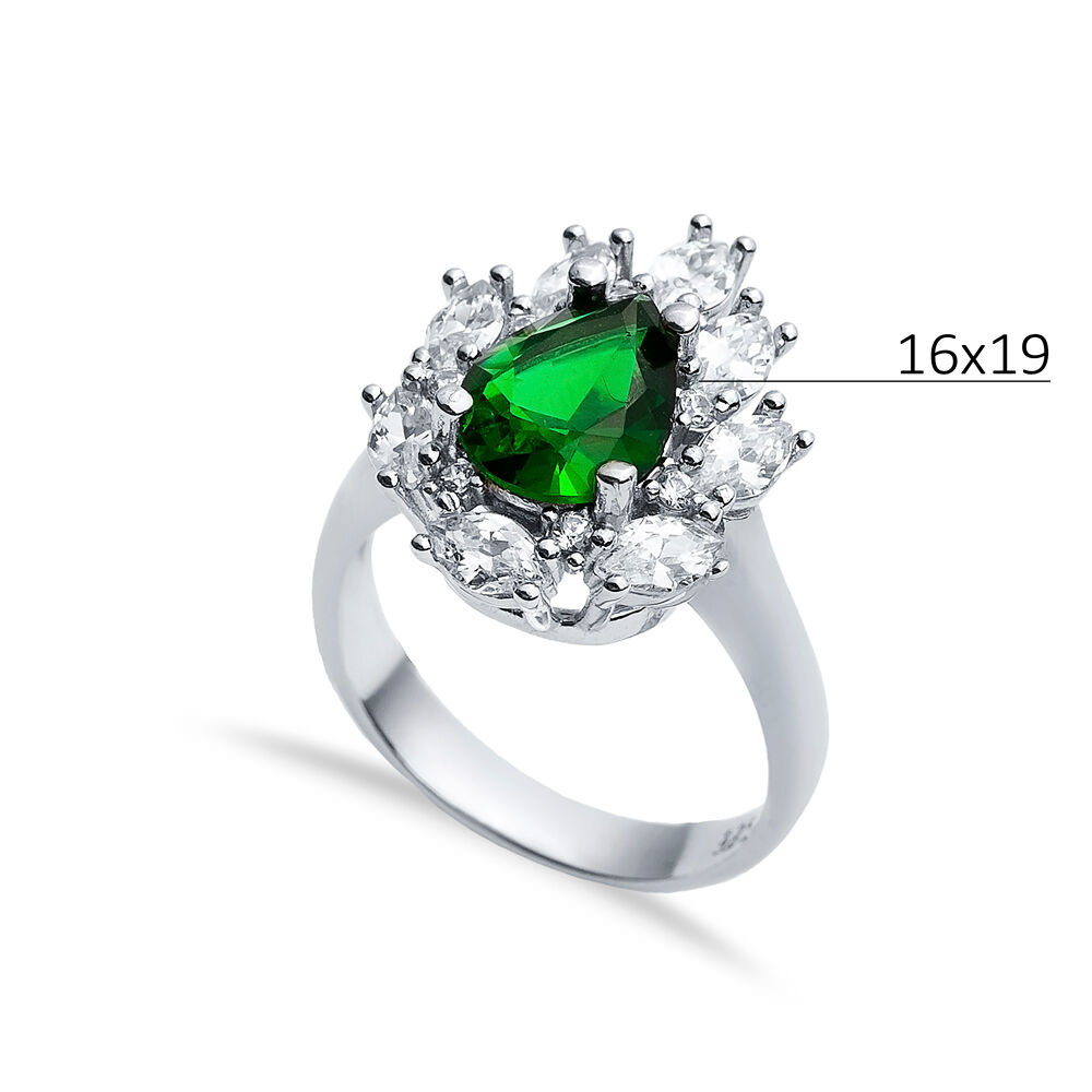 Emerald CZ Stone Pear Drop Shape Silver Cluster Stony Ring