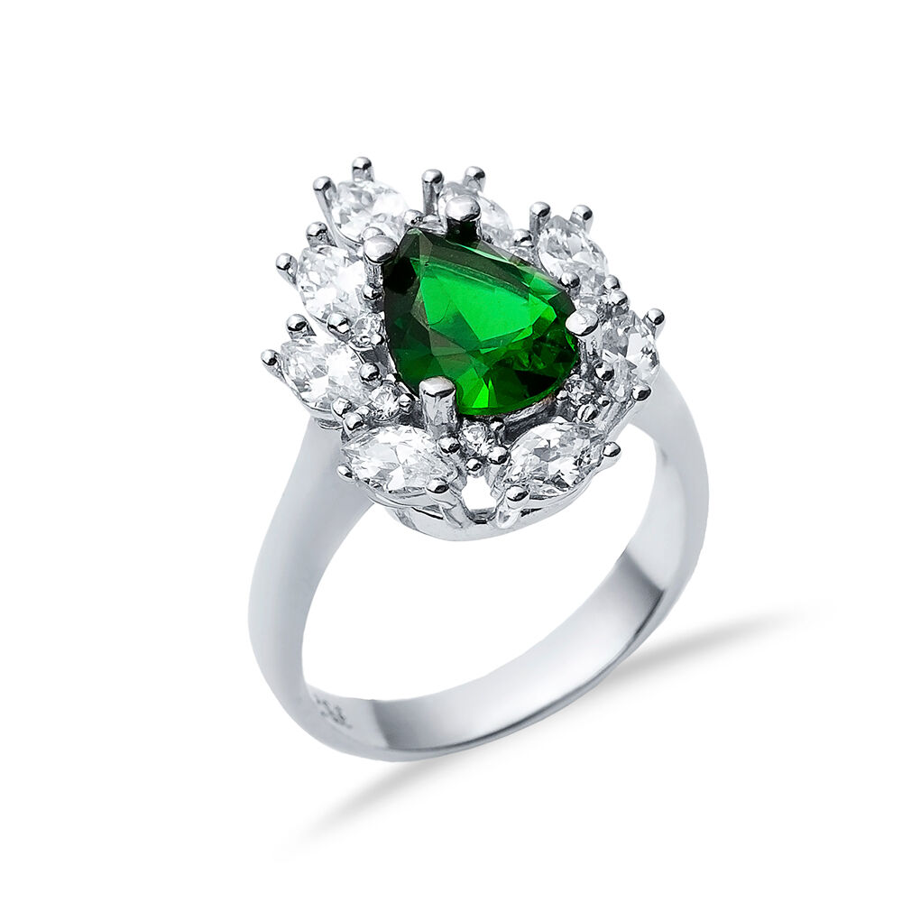 Emerald CZ Stone Pear Drop Shape Silver Cluster Stony Ring