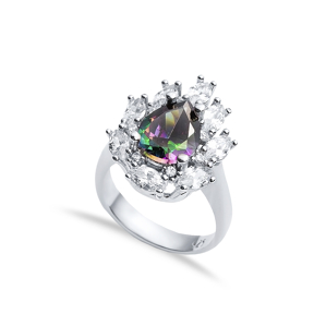 Mystic Topaz CZ Stone Pear Drop Shape Silver Cluster Stony Ring