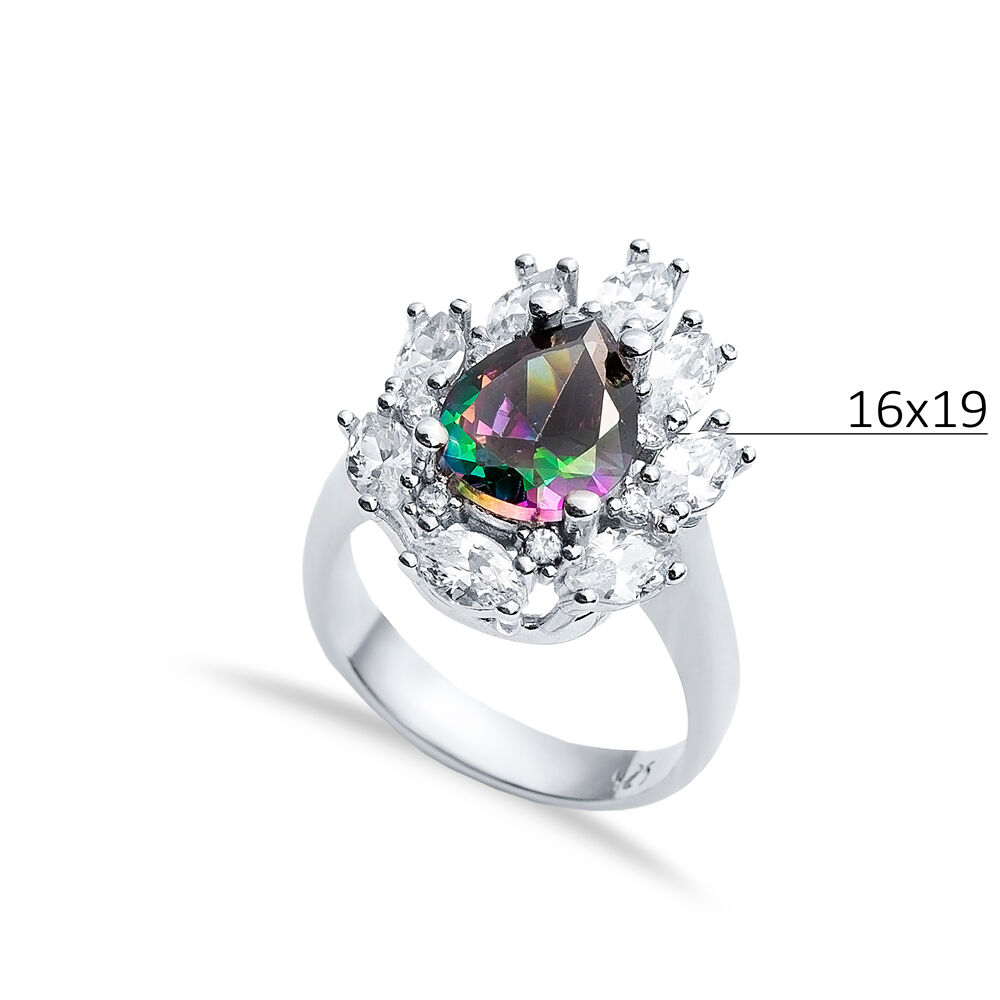 Mystic Topaz CZ Stone Pear Drop Shape Silver Cluster Stony Ring