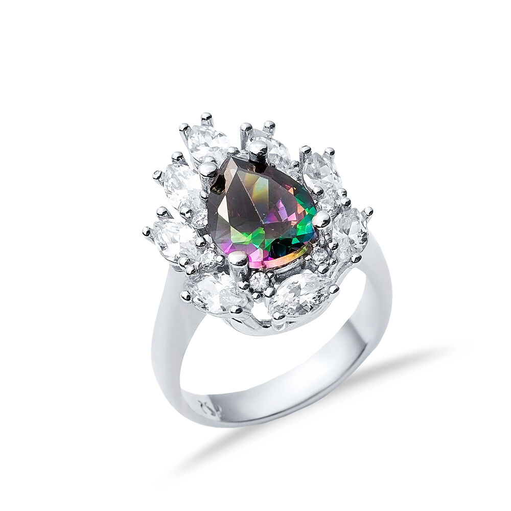 Mystic Topaz CZ Stone Pear Drop Shape Silver Cluster Stony Ring