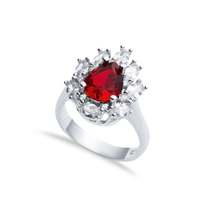Garnet CZ Stone Pear Drop Shape Silver Cluster Stony Ring