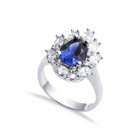 Sapphire CZ Stone Pear Drop Shape Silver Cluster Stony Ring