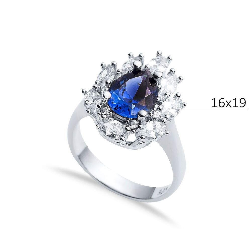 Sapphire CZ Stone Pear Drop Shape Silver Cluster Stony Ring