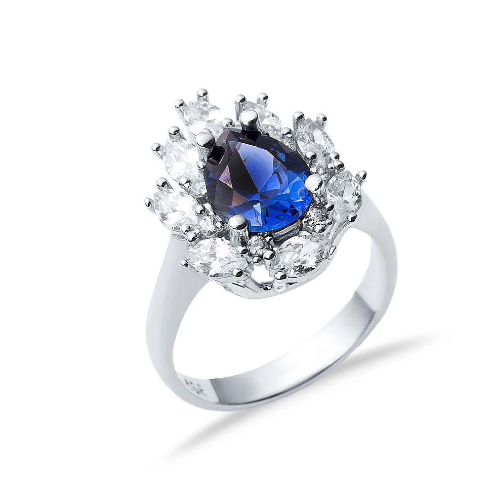 Sapphire CZ Stone Pear Drop Shape Silver Cluster Stony Ring