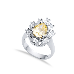 Citrine CZ Stone Pear Drop Shape Silver Cluster Stony Ring