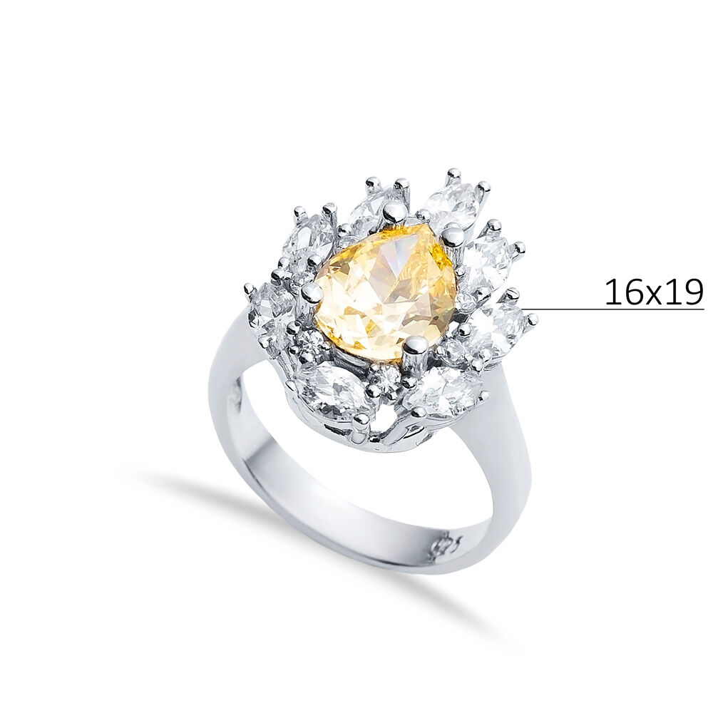 Citrine CZ Stone Pear Drop Shape Silver Cluster Stony Ring