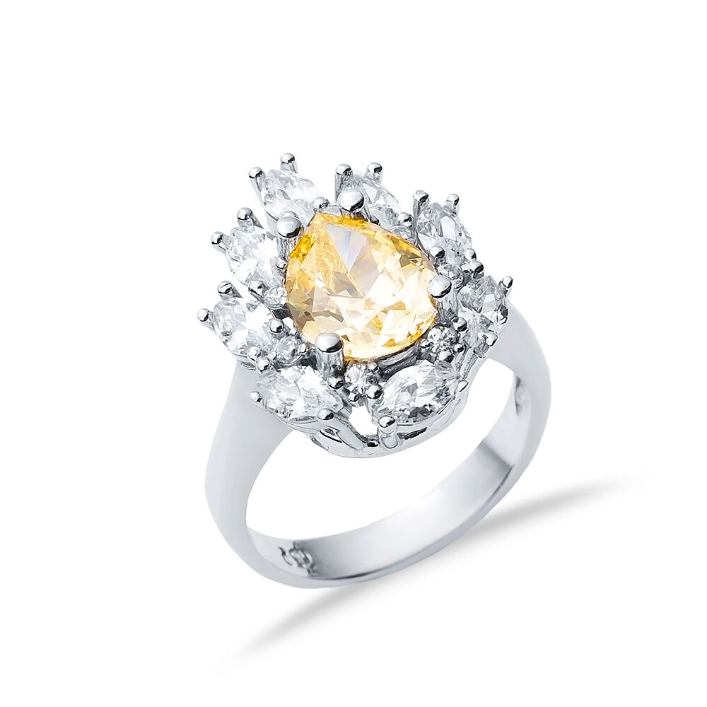 Citrine CZ Stone Pear Drop Shape Silver Cluster Stony Ring