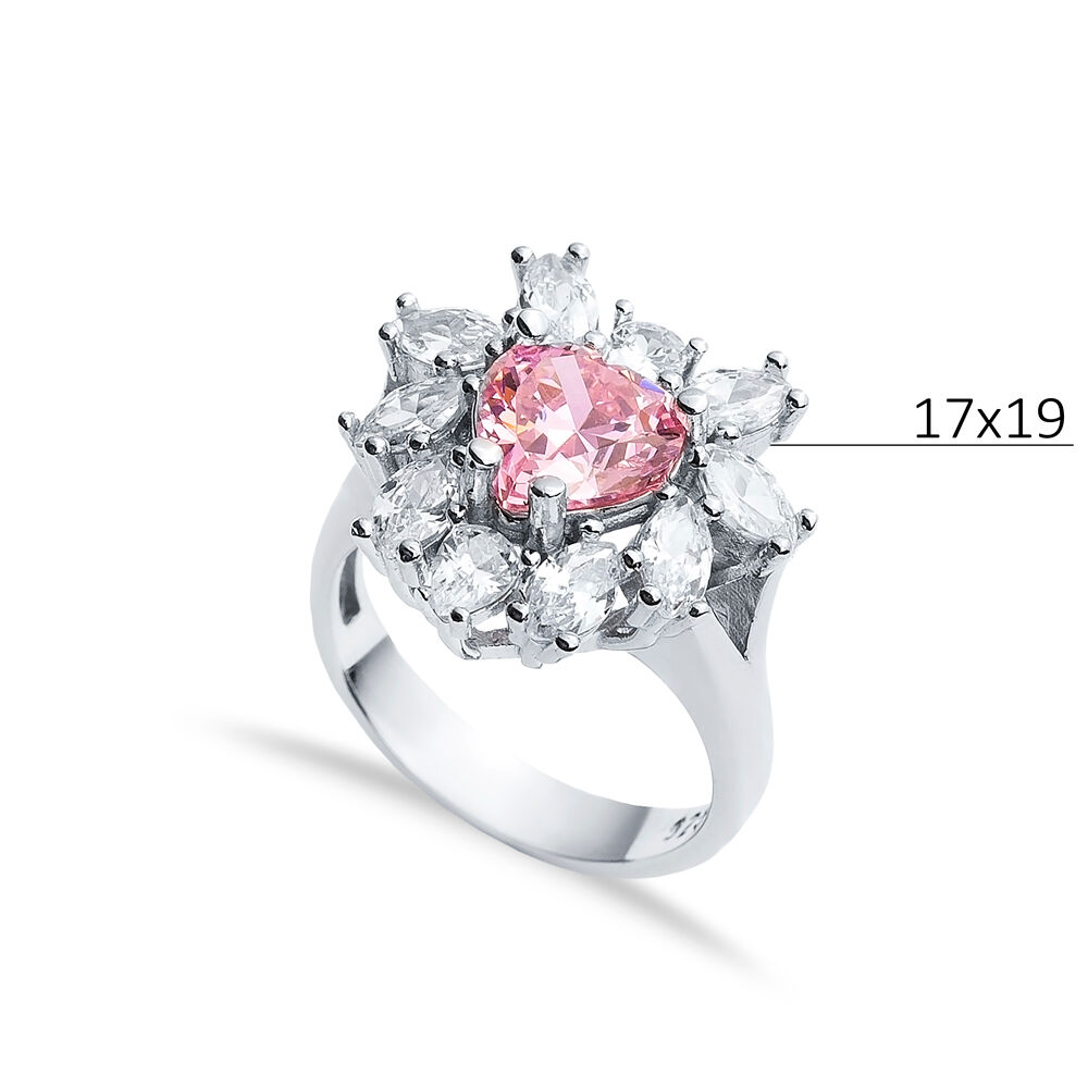 Heart Shape Pink CZ Stone Silver Cluster Stony Ring