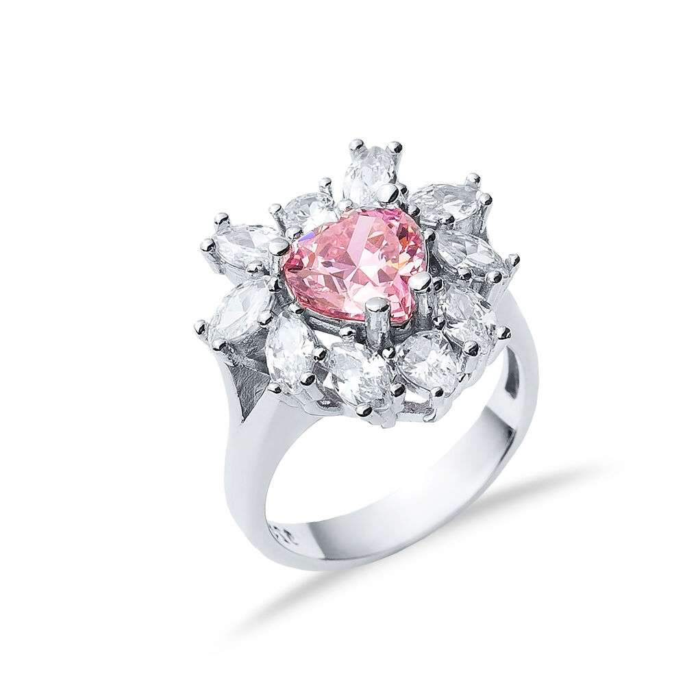 Heart Shape Pink CZ Stone Silver Cluster Stony Ring