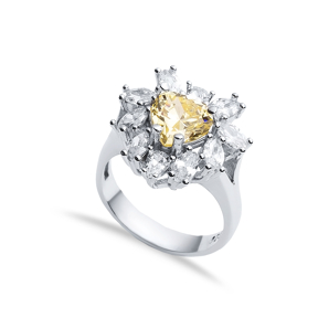 Citrine CZ Stone Heart Design Silver Cluster Stony Ring