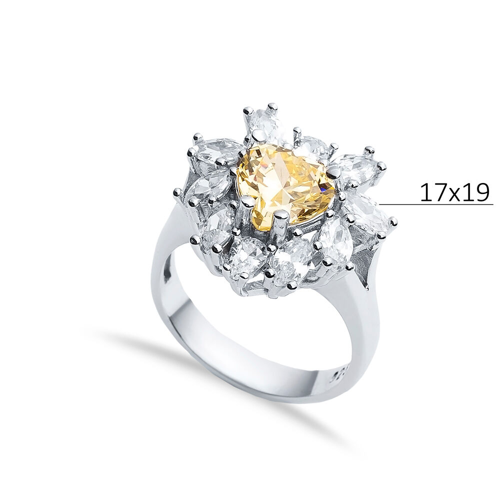 Citrine CZ Stone Heart Design Silver Cluster Stony Ring