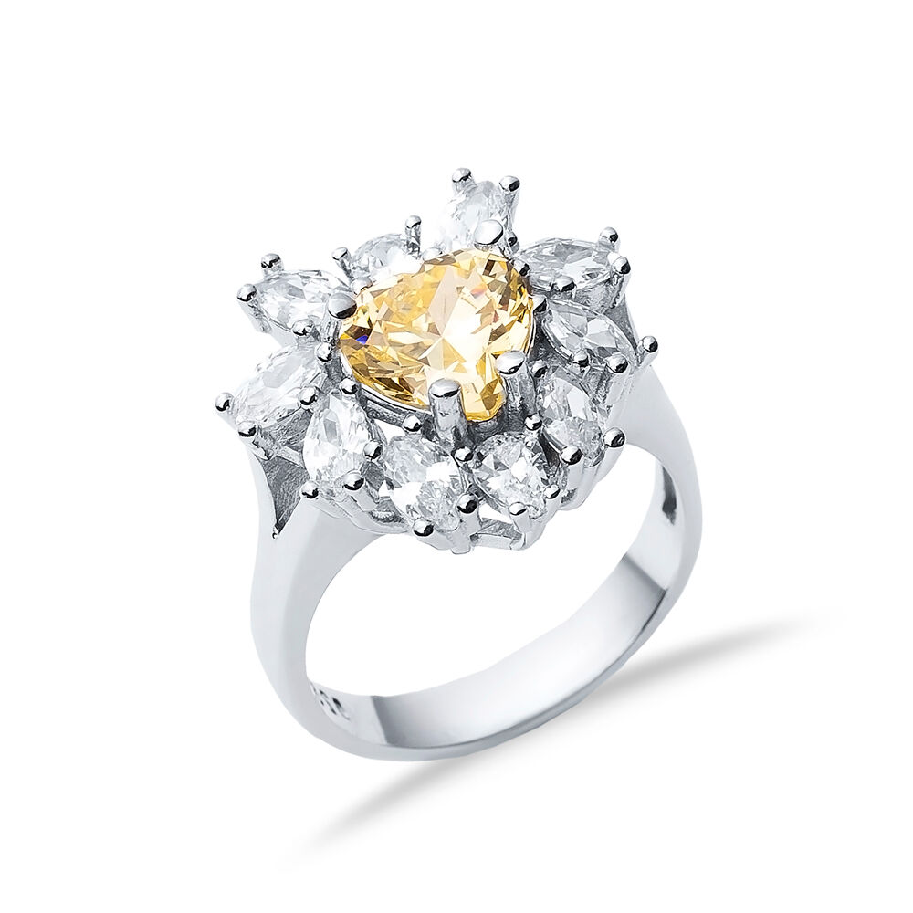 Citrine CZ Stone Heart Design Silver Cluster Stony Ring