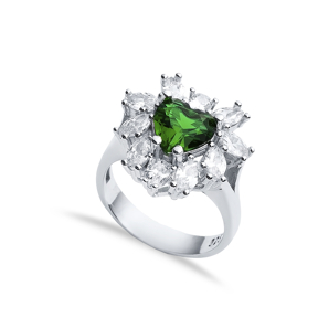 Emerald CZ Stone Heart Design Silver Cluster Stony Ring