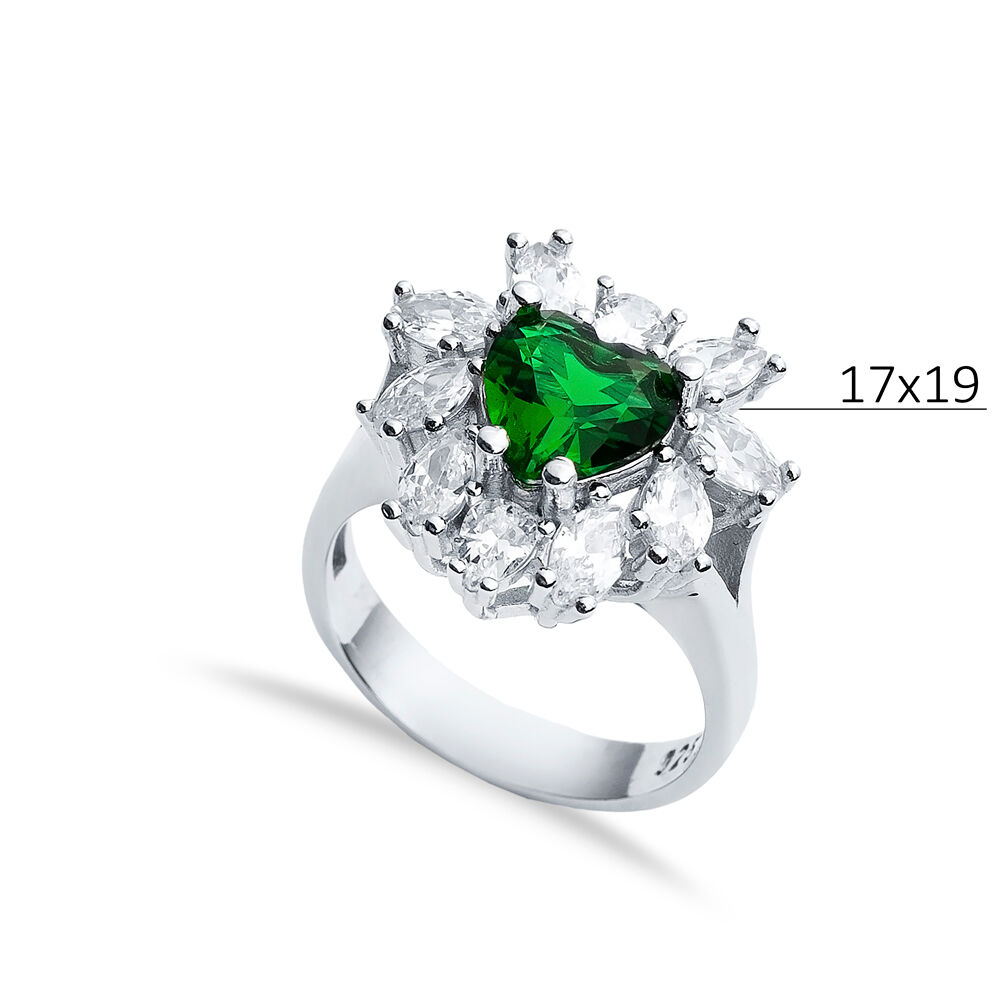 Emerald CZ Stone Heart Design Silver Cluster Stony Ring