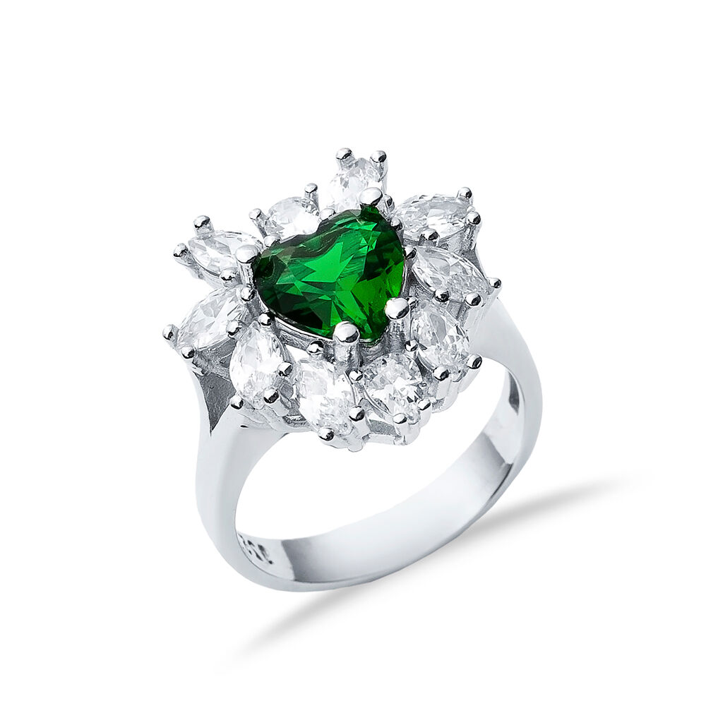 Emerald CZ Stone Heart Design Silver Cluster Stony Ring