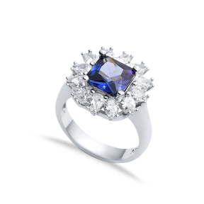 Sapphire CZ Stone Square Design Silver Cluster Stony Ring