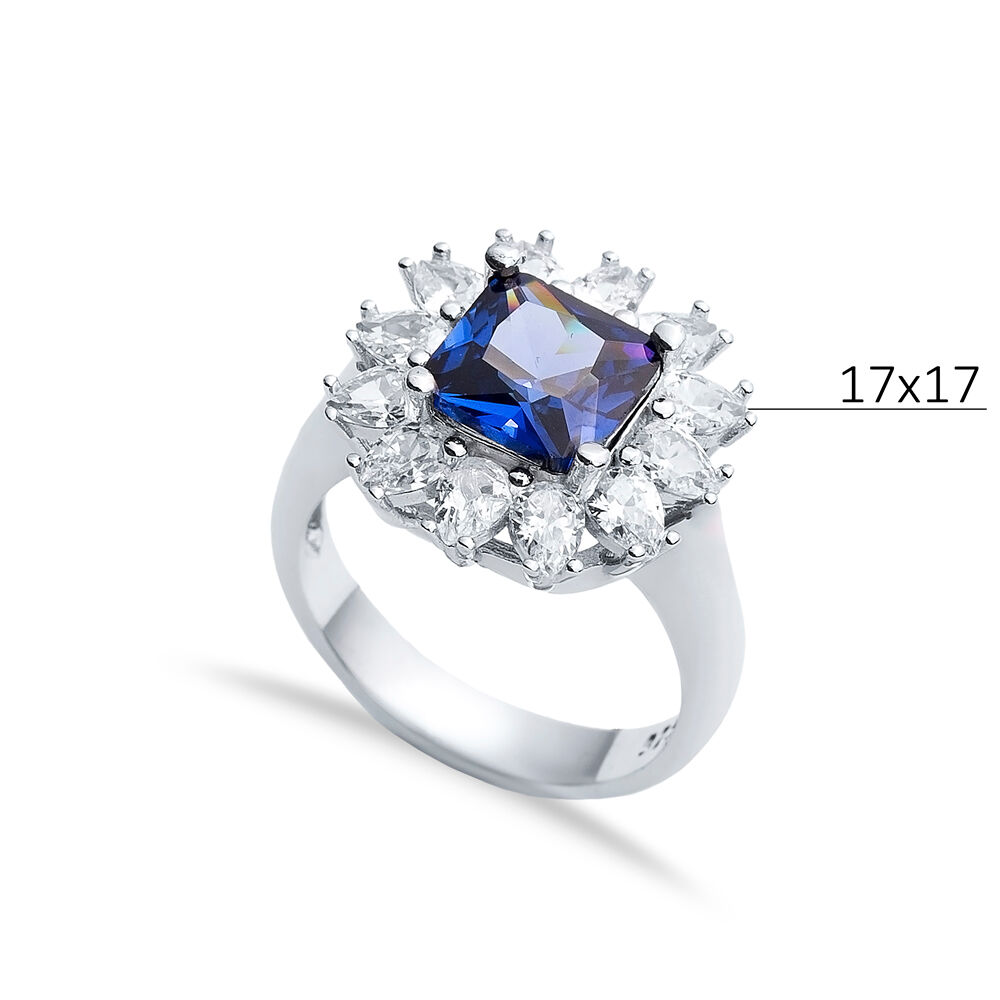 Sapphire CZ Stone Square Design Silver Cluster Stony Ring