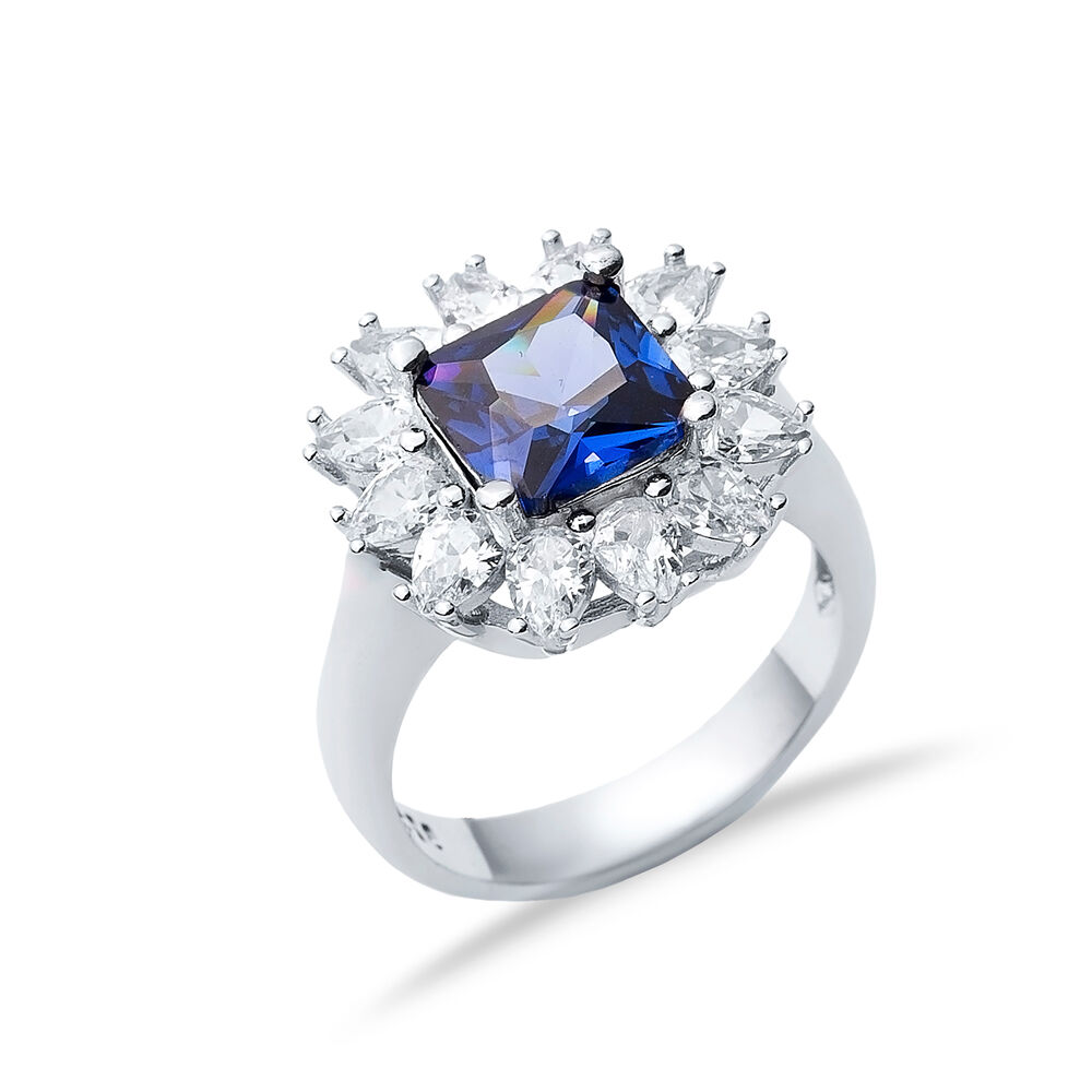 Sapphire CZ Stone Square Design Silver Cluster Stony Ring