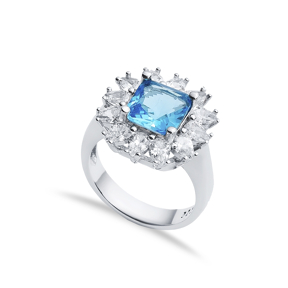 Aquamarine CZ Stone Square Design Silver Cluster Stony Ring