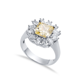 Citrine CZ Stone Square Design Silver Cluster Stony Ring