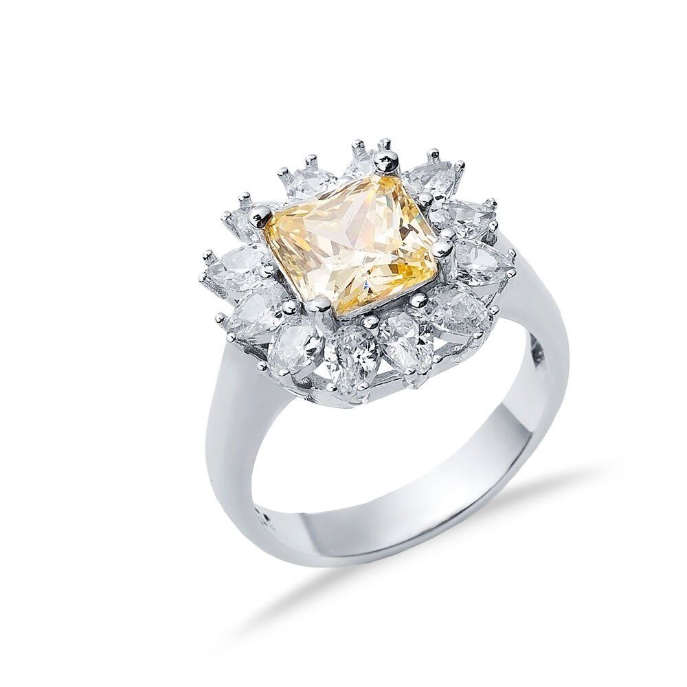 Citrine CZ Stone Square Design Silver Cluster Stony Ring