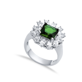Emerald CZ Stone Square Design Silver Cluster Stony Ring