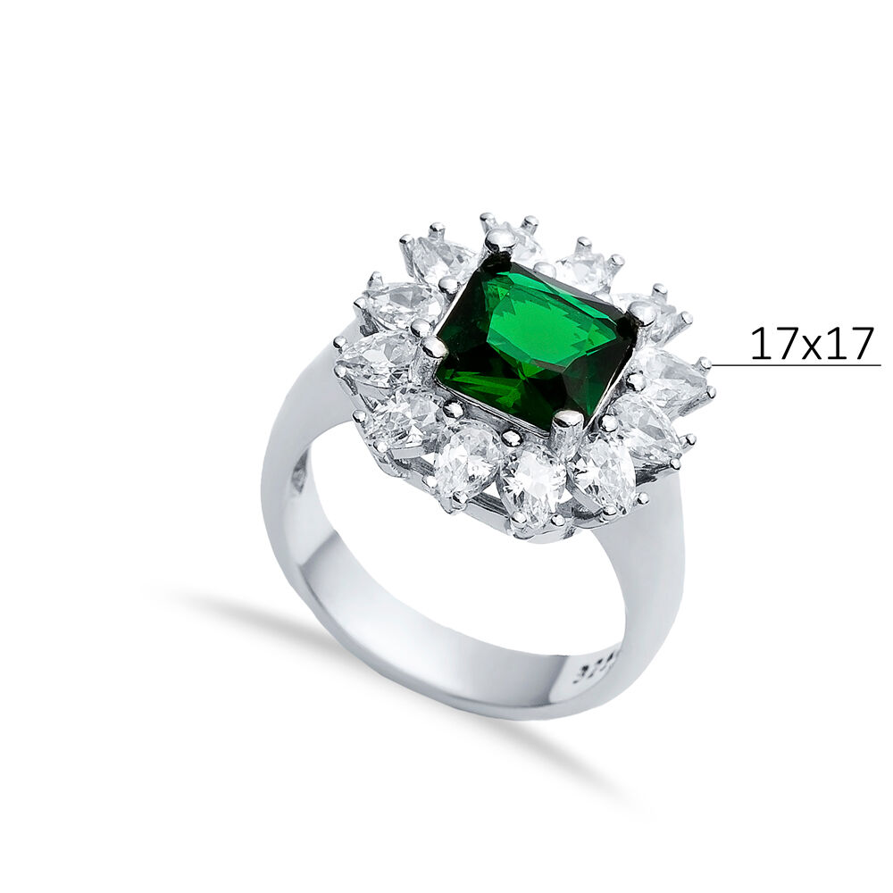 Emerald CZ Stone Square Design Silver Cluster Stony Ring