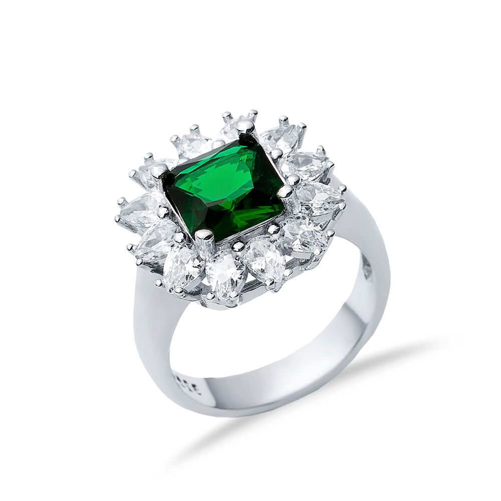 Emerald CZ Stone Square Design Silver Cluster Stony Ring